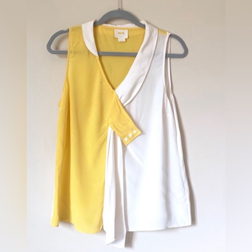 Anthropologie Maeve Silk Blouse color block yellow cream loose fit size 0
